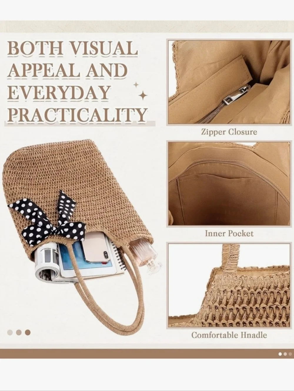 Woven Straw Tote Bag with Polka Dot Scarf - Natural - Picture 4 of 6
